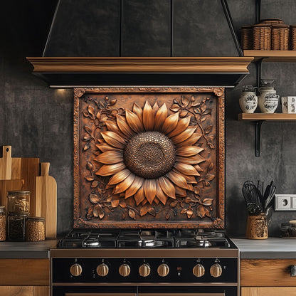 Tempered glass kitchen backsplash, copper sunflower design, heat-resistant splashback, easy to clean, stove wall protector, artistic kitchen decor, modern backsplash, unique wall art, rustic kitchen decor