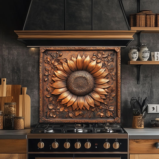 Tempered glass kitchen backsplash, copper sunflower design, heat-resistant splashback, easy to clean, stove wall protector, artistic kitchen decor, modern backsplash, unique wall art, rustic kitchen decor