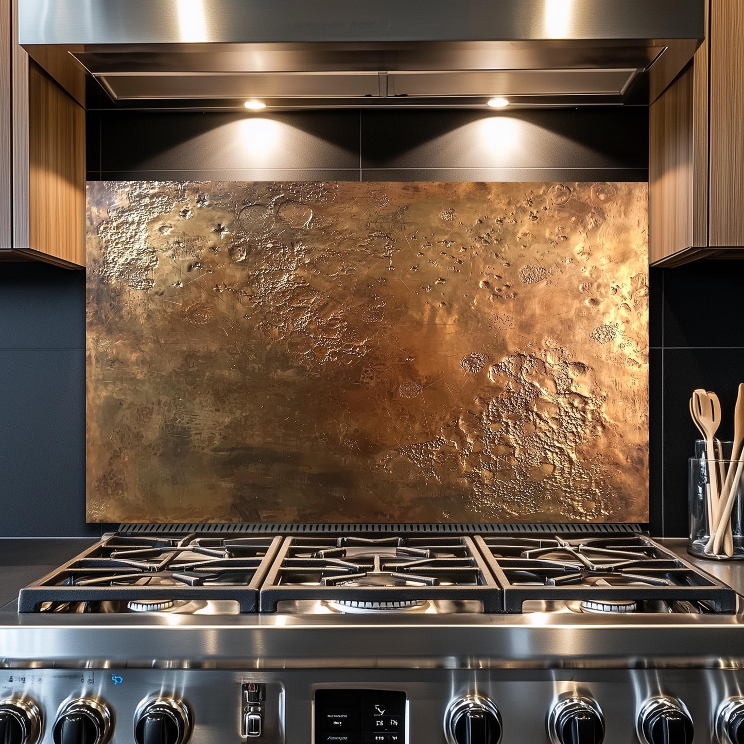Textured Copper-Effect Glass Backsplash: Rustic Kitchen Decor