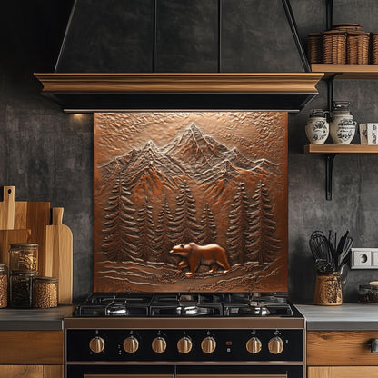Tempered glass backsplash, bear and mountain design, copper effect kitchen wall protector, heat-resistant backsplash, rustic kitchen decor, nature-inspired kitchen art, easy clean stove backsplash