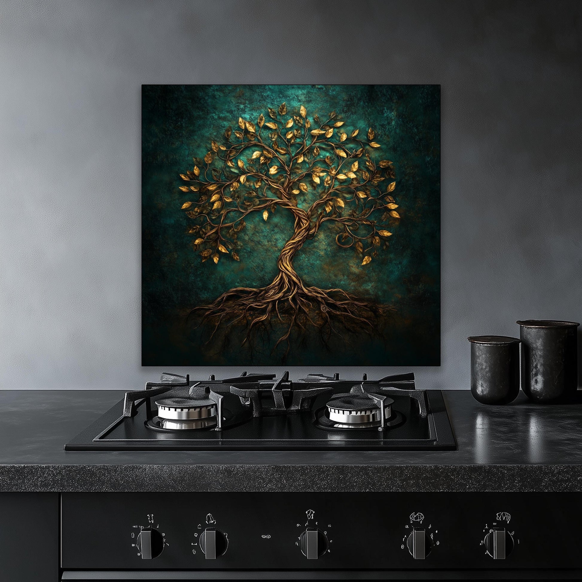 Gold tree of life backsplash, tempered glass panel, kitchen wall art, heat-resistant splashback, easy to clean wall protector, modern kitchen accent, artistic backsplash, stove protector, elegant design
