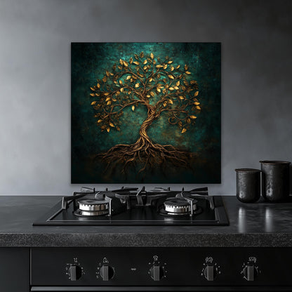 Gold tree of life backsplash, tempered glass panel, kitchen wall art, heat-resistant splashback, easy to clean wall protector, modern kitchen accent, artistic backsplash, stove protector, elegant design