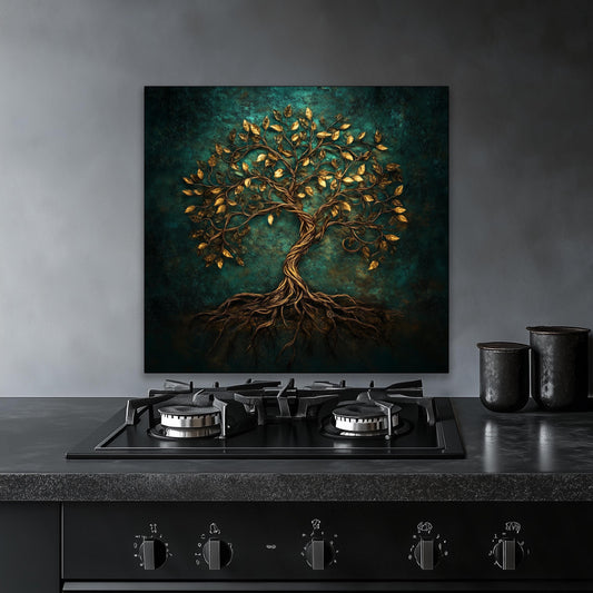 Gold tree of life backsplash, tempered glass panel, kitchen wall art, heat-resistant splashback, easy to clean wall protector, modern kitchen accent, artistic backsplash, stove protector, elegant design