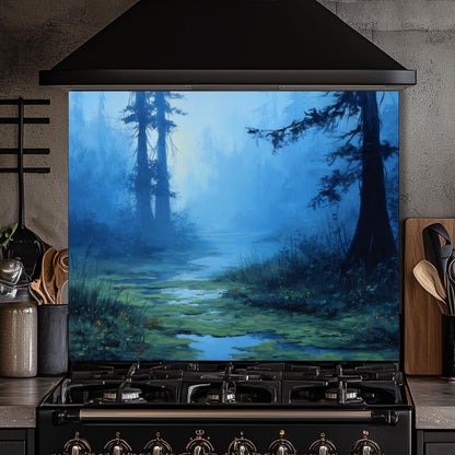 Blue Mist Swamp Glass Backsplash, Tranquil Wetland Stove Guard, Heat Resistant Kitchen Wall Art