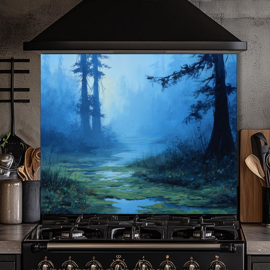 Blue Mist Swamp Glass Backsplash, Tranquil Wetland Stove Guard, Heat Resistant Kitchen Wall Art