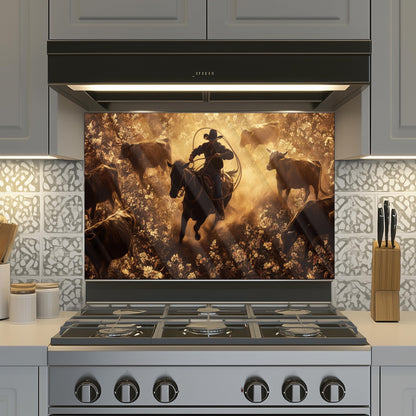 Cowboy Tempered Glass Stove Backsplash: Durable Kitchen Wall Art