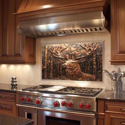 Rustic kitchen backsplash, copper effect deer kitchen decor, heat-resistant tempered glass wall protector, easy clean kitchen wall protector, stove backsplash, woodland kitchen art, vintage style copper wall protector