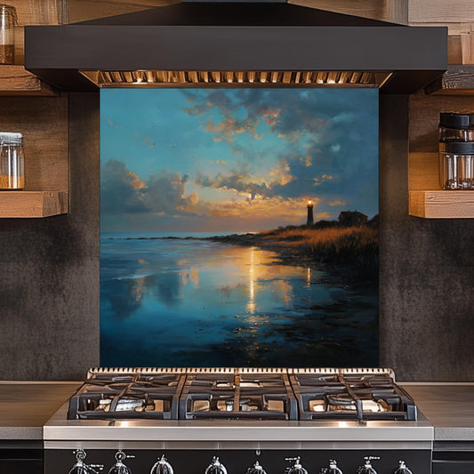 Coastal Lighthouse Glass Backsplash, Ocean Wave Stove Guard, Heat Resistant Easy Clean Kitchen Art