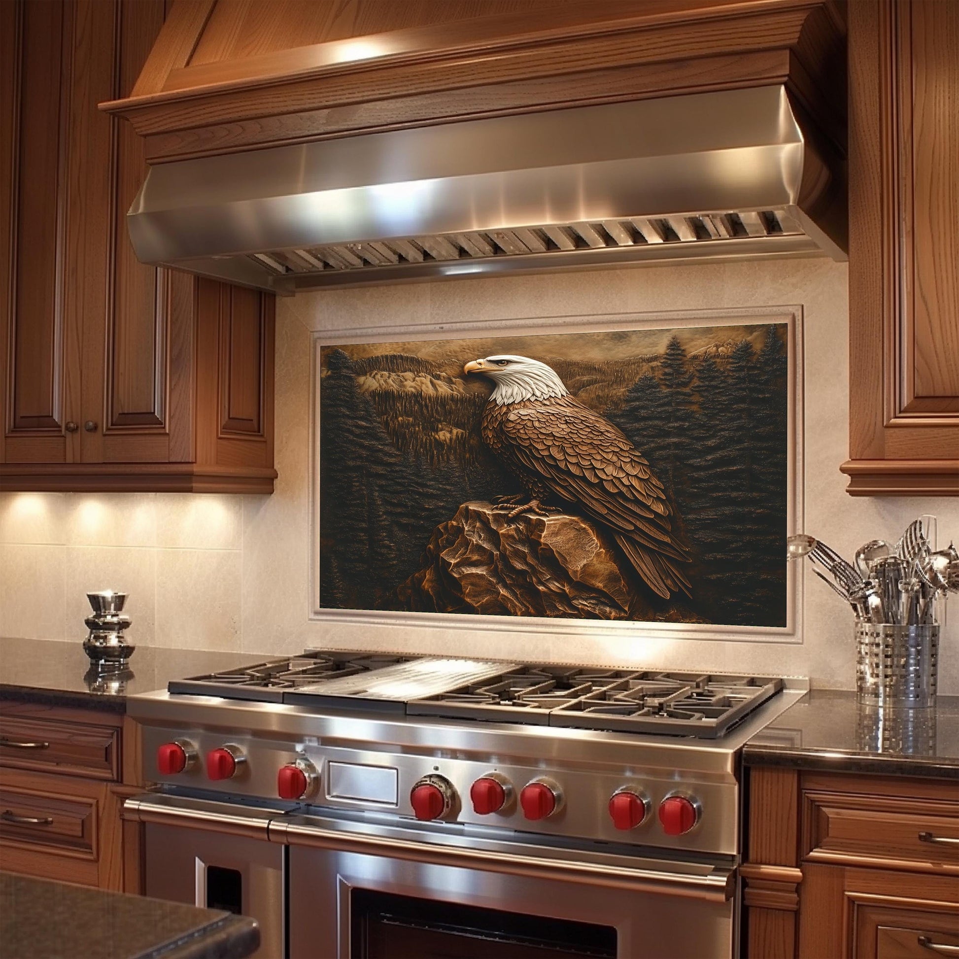 Heat-resistant Bald Eagle backsplash, copper effect tempered glass, easy clean kitchen wall protector, patriotic kitchen decor, wildlife kitchen art, stove backsplash, nature-inspired wall protector