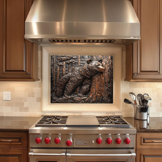 cabin kitchen decor copper embossed bear backsplash