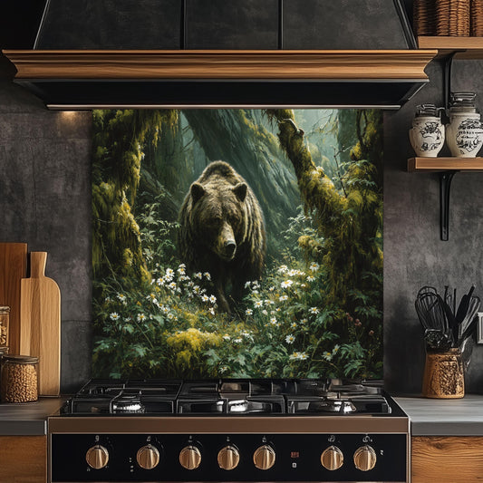 Copper Bear Backsplash: Hand-Embossed Tempered Glass, Rustic Cabin Kitchen