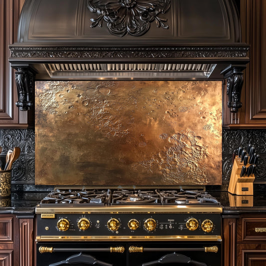 Textured Copper-Effect Glass Backsplash: Rustic Kitchen Decor