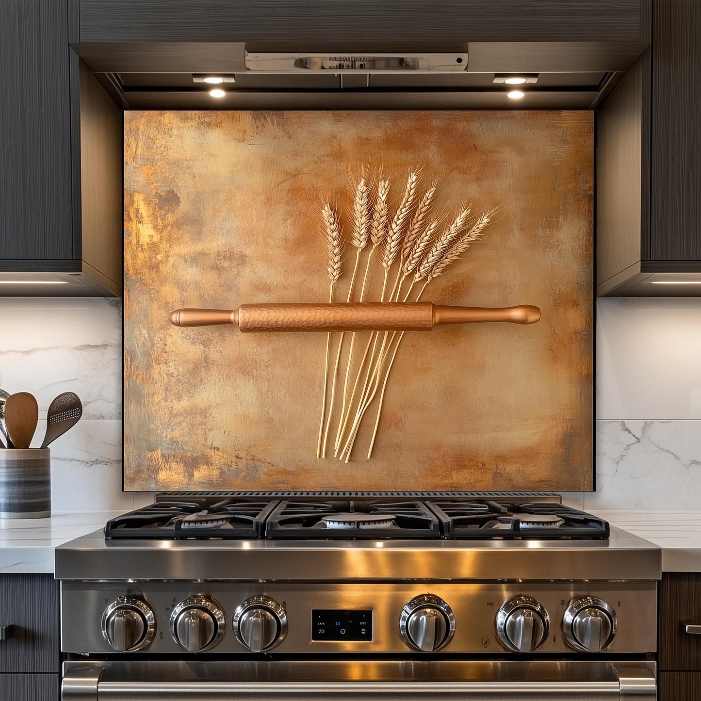 Rustic farmhouse backsplash with wheat stalks and rolling pin on tempered glass. This heat-resistant kitchen wall protector is perfect for vintage decor, offering a functional yet stylish addition to your cooking area, blending beauty