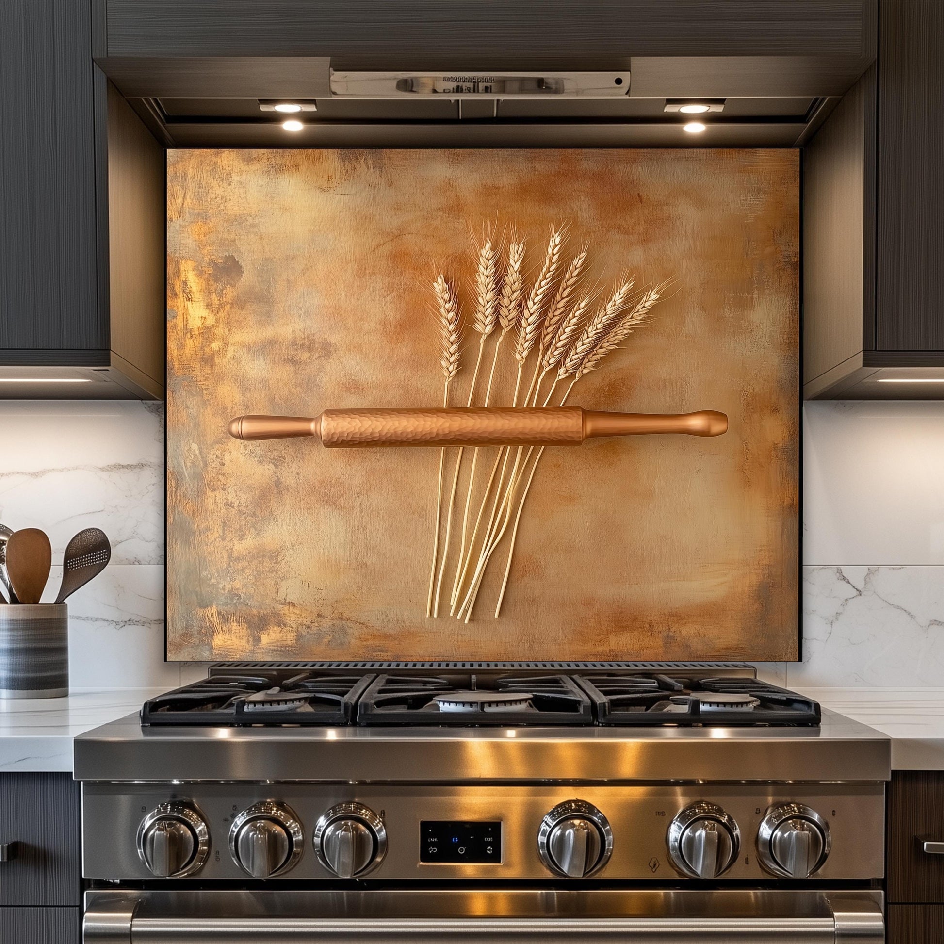 Rustic farmhouse backsplash with wheat stalks and rolling pin on tempered glass. This heat-resistant kitchen wall protector is perfect for vintage decor, offering a functional yet stylish addition to your cooking area, blending beauty