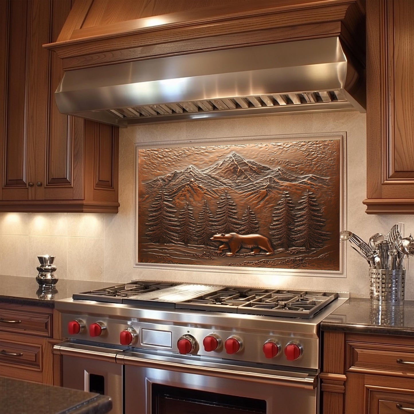 Copper kitchen backsplash, bear in forest design, heat-resistant tempered glass, easy clean wall protector, rustic kitchen wall decor, stove wall protector, nature kitchen art