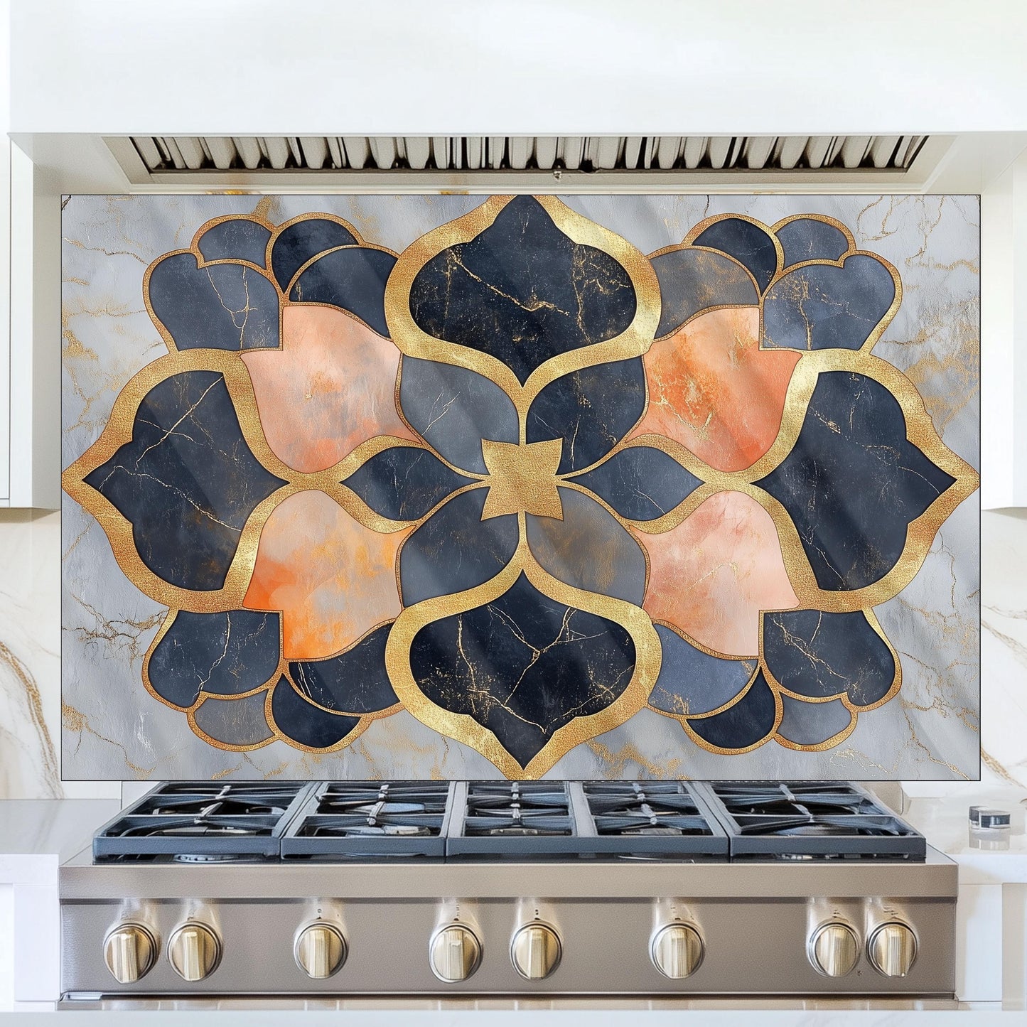 Moroccan Style Glass Backsplash, Blue Geometric Stove Guard, Heat Resistant Easy Clean Kitchen Art