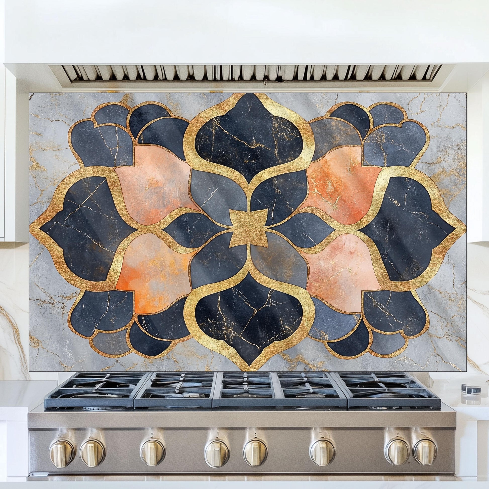 Moroccan Style Glass Backsplash, Blue Geometric Stove Guard, Heat Resistant Easy Clean Kitchen Art