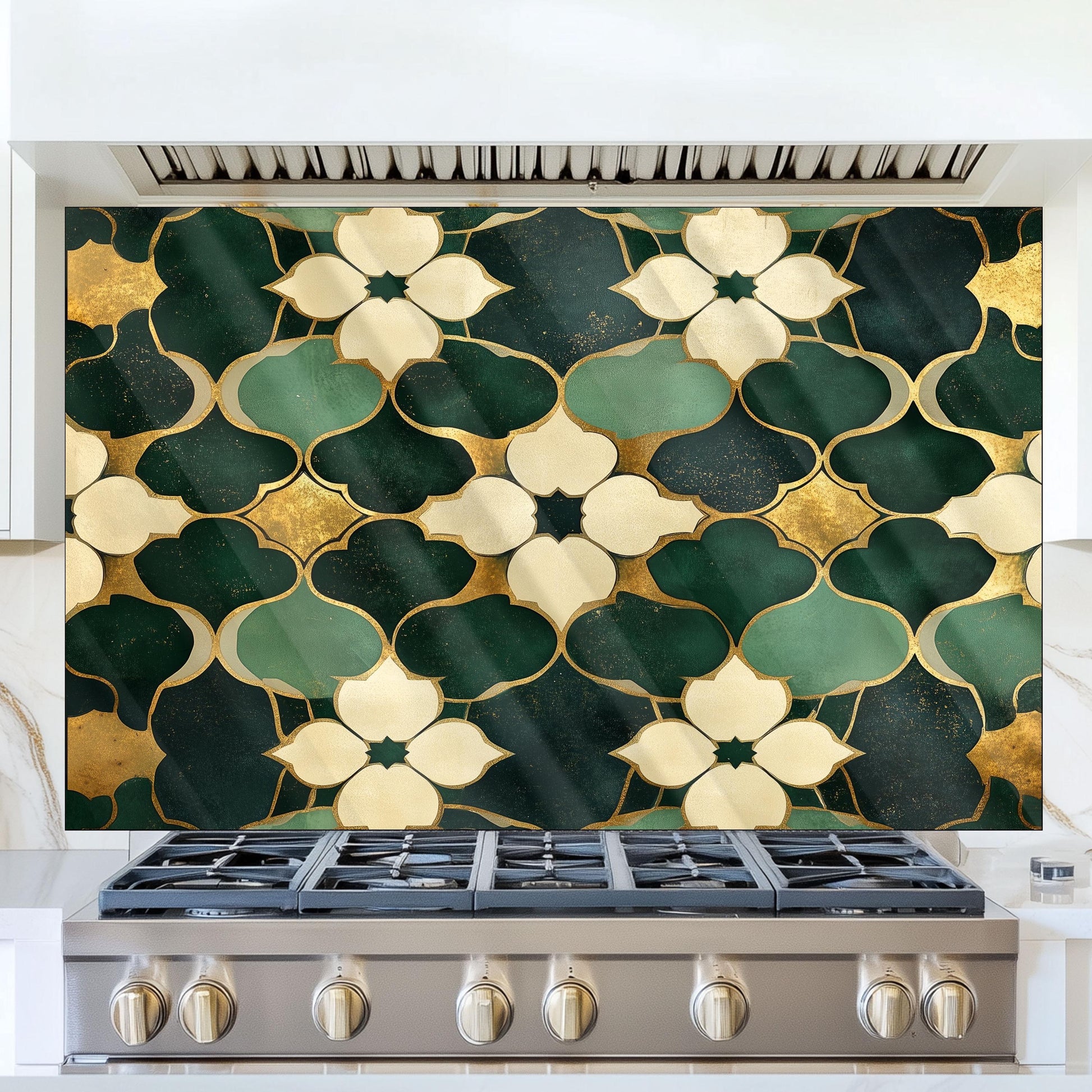 Moroccan Style Glass Backsplash, Ornate Geometric Stove Guard, Heat Resistant Easy Clean Art