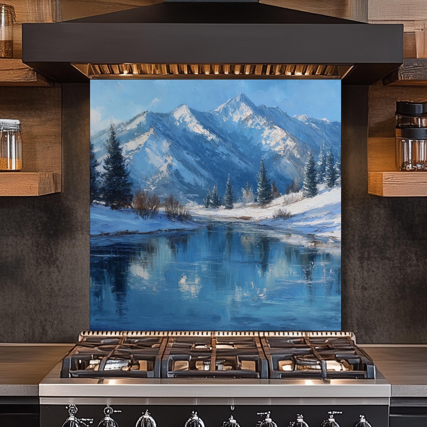 Winter Mountain Lake Glass Backsplash, Scenic Nature Stove Guard, Heat Resistant Easy Clean Art