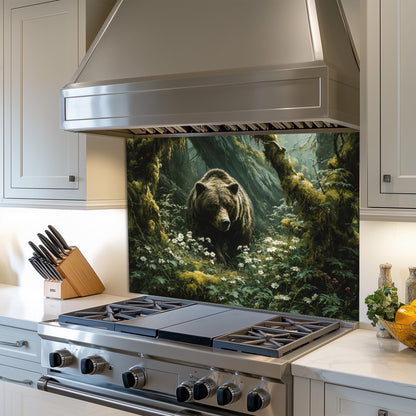 Copper Bear Backsplash: Hand-Embossed Tempered Glass, Rustic Cabin Kitchen