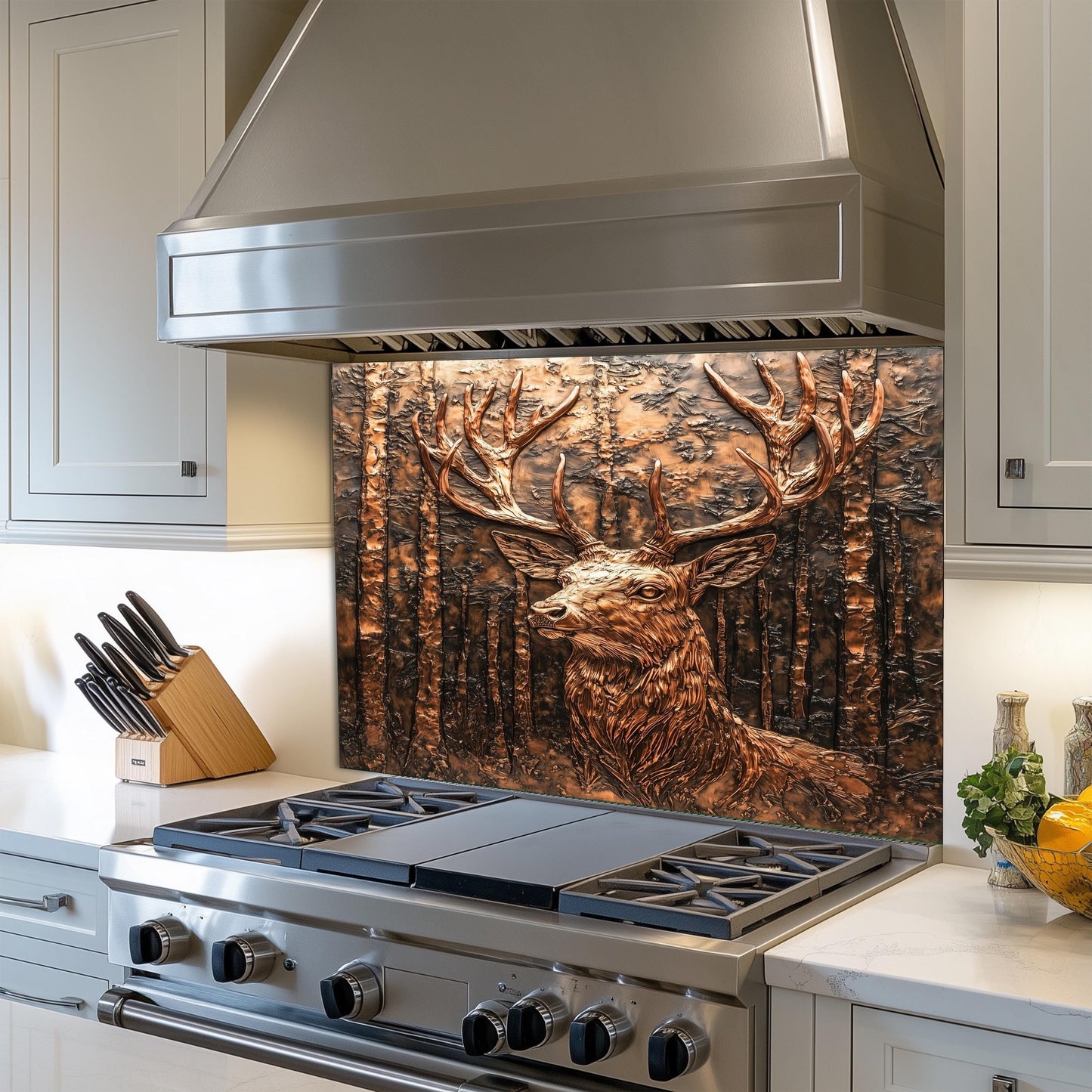 Woodland-inspired kitchen backsplash, heat-resistant tempered glass, rustic copper effect kitchen art, easy clean kitchen backsplash protector, stove wall protector, vintage kitchen decor, rustic deer kitchen art