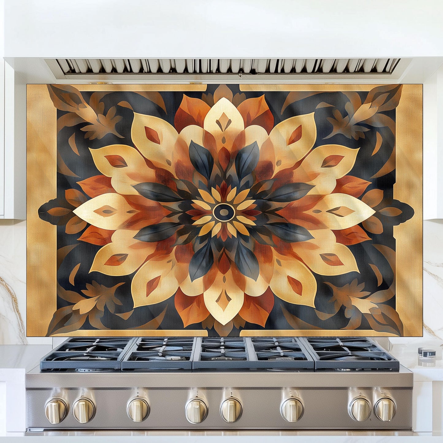 Moroccan Style Glass Backsplash, Blue Geometric Stove Guard, Heat Resistant Easy Clean Kitchen Art
