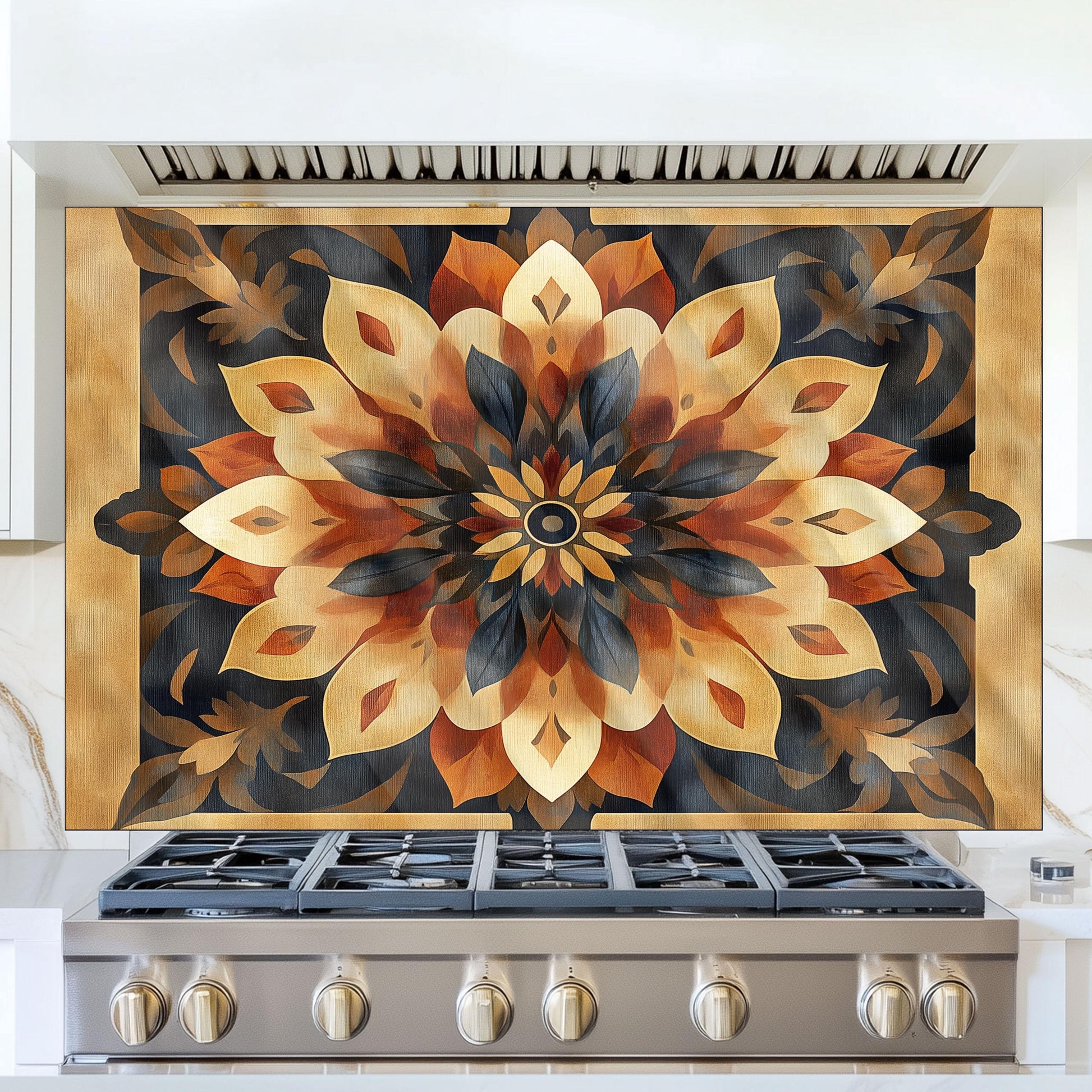 Moroccan Style Glass Backsplash, Blue Geometric Stove Guard, Heat Resistant Easy Clean Kitchen Art
