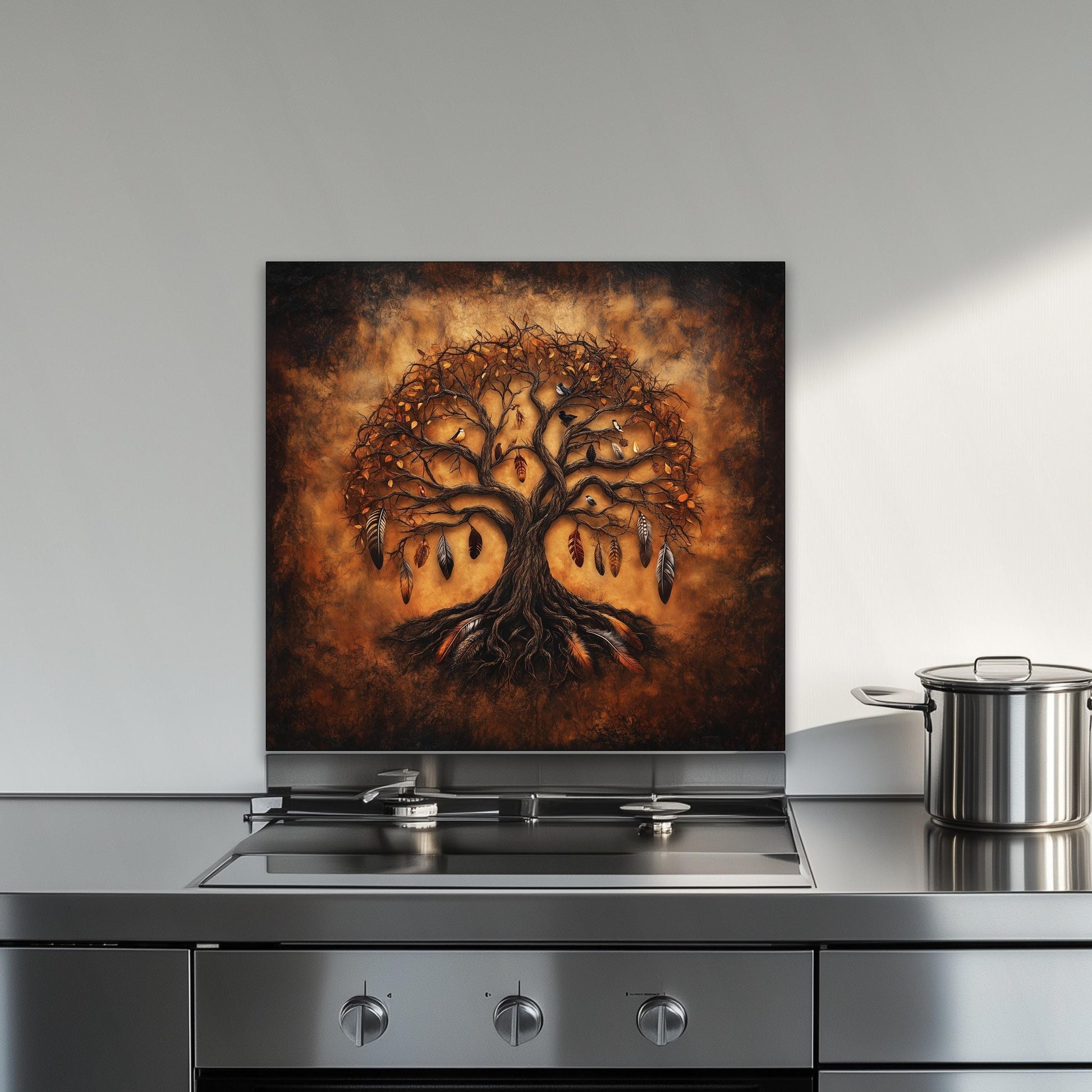 Tree of life tempered glass backsplash, feather accents, heat-resistant splashback, easy to clean kitchen wall protector, bohemian kitchen decor, stove wall art, modern kitchen accent, artistic design