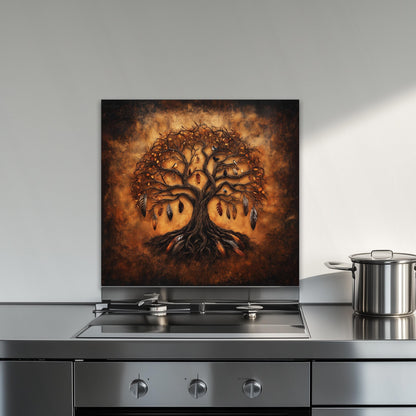 Tree of life tempered glass backsplash, feather accents, heat-resistant splashback, easy to clean kitchen wall protector, bohemian kitchen decor, stove wall art, modern kitchen accent, artistic design