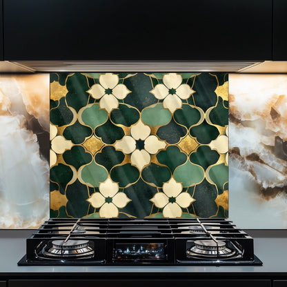 Moroccan Style Glass Backsplash, Ornate Geometric Stove Guard, Heat Resistant Easy Clean Art