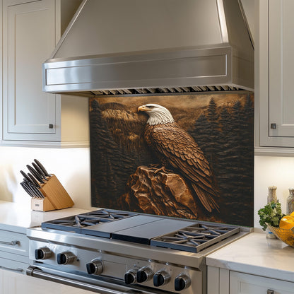 Tempered glass kitchen backsplash, Bald Eagle design, heat-resistant wall protector, copper effect kitchen art, easy clean stove backsplash, wildlife decor, patriotic kitchen wall art