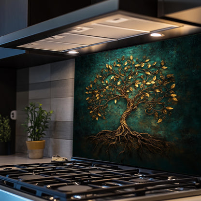 Gold tree of life backsplash, tempered glass kitchen panel, heat-resistant splashback, easy to clean, stove wall protector, artistic wall art, modern kitchen accent, stylish backsplash, unique design