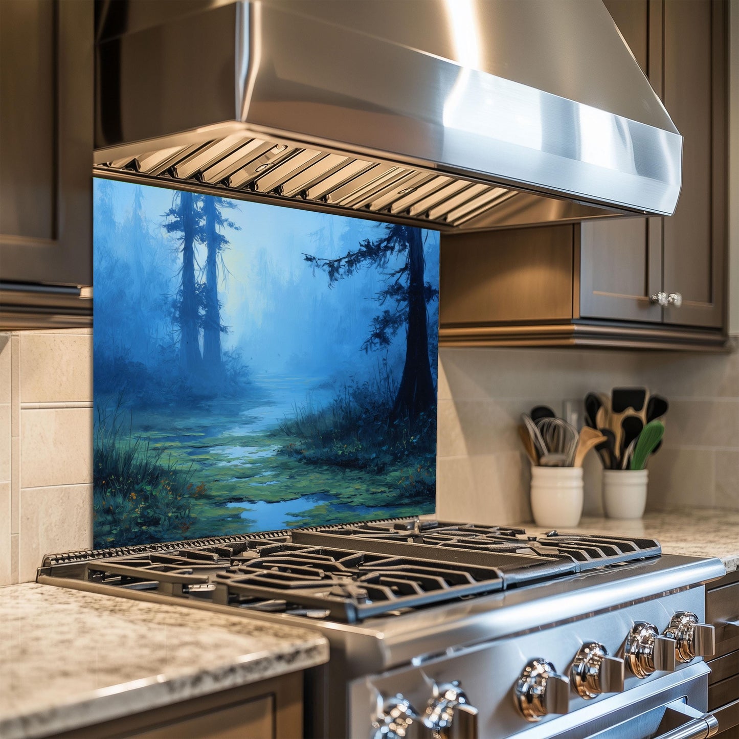 Blue Mist Swamp Glass Backsplash, Tranquil Wetland Stove Guard, Heat Resistant Kitchen Wall Art