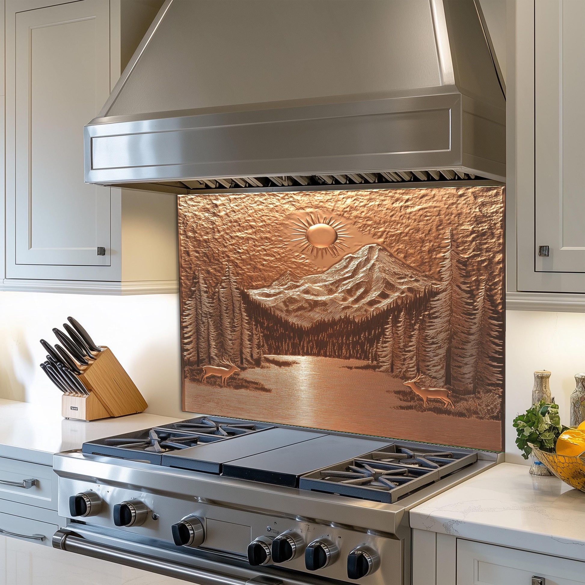 Mountain kitchen backsplash, copper effect wall protector, heat-resistant tempered glass, rustic kitchen decor, nature-inspired wall protector, easy clean kitchen backsplash