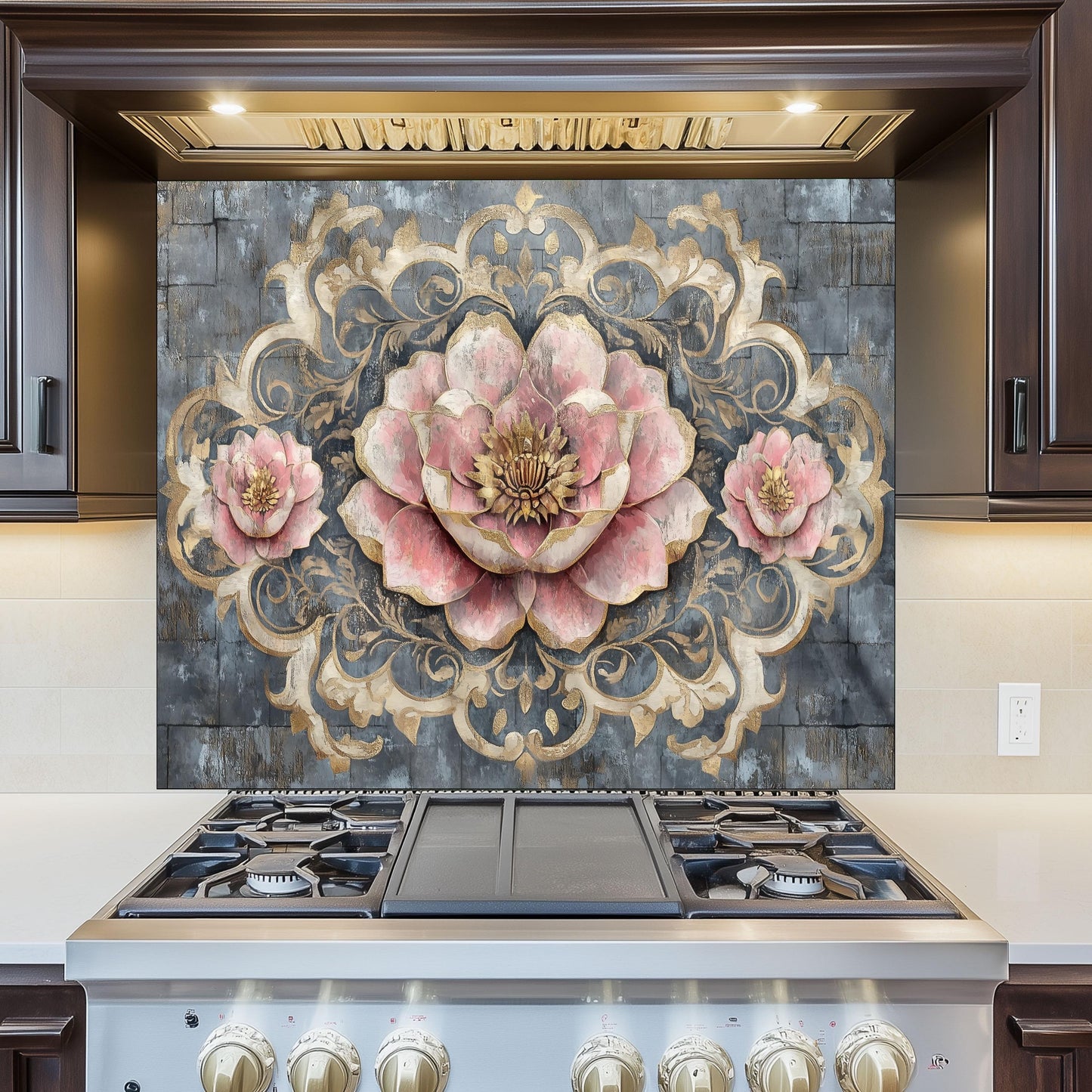 Moroccan Floral Glass Backsplash, Artistic Geometric Stove Guard, Heat Resistant Easy Clean Kitchen Art