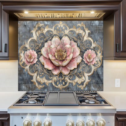 Moroccan Floral Glass Backsplash, Artistic Geometric Stove Guard, Heat Resistant Easy Clean Kitchen Art