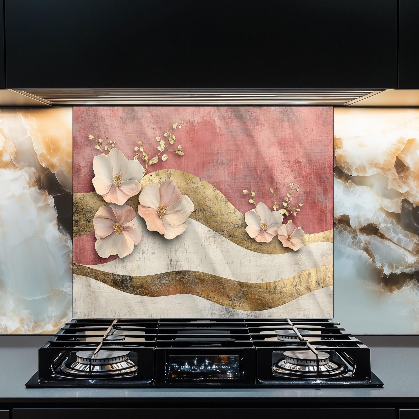 Moroccan Floral Glass Backsplash, Heat Resistant Stove Guard, Custom Size Kitchen Art