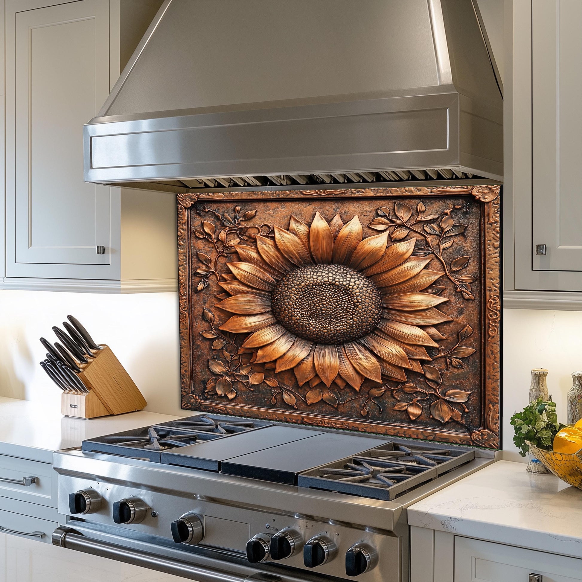 Tempered glass stove backsplash, copper sunflower design, heat-resistant kitchen wall panel, easy clean backsplash, stylish kitchen decor, stove protector, rustic kitchen wall art, artistic floral backsplash