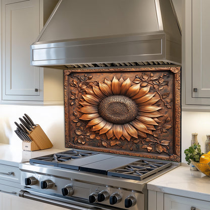 Tempered glass stove backsplash, copper sunflower design, heat-resistant kitchen wall panel, easy clean backsplash, stylish kitchen decor, stove protector, rustic kitchen wall art, artistic floral backsplash