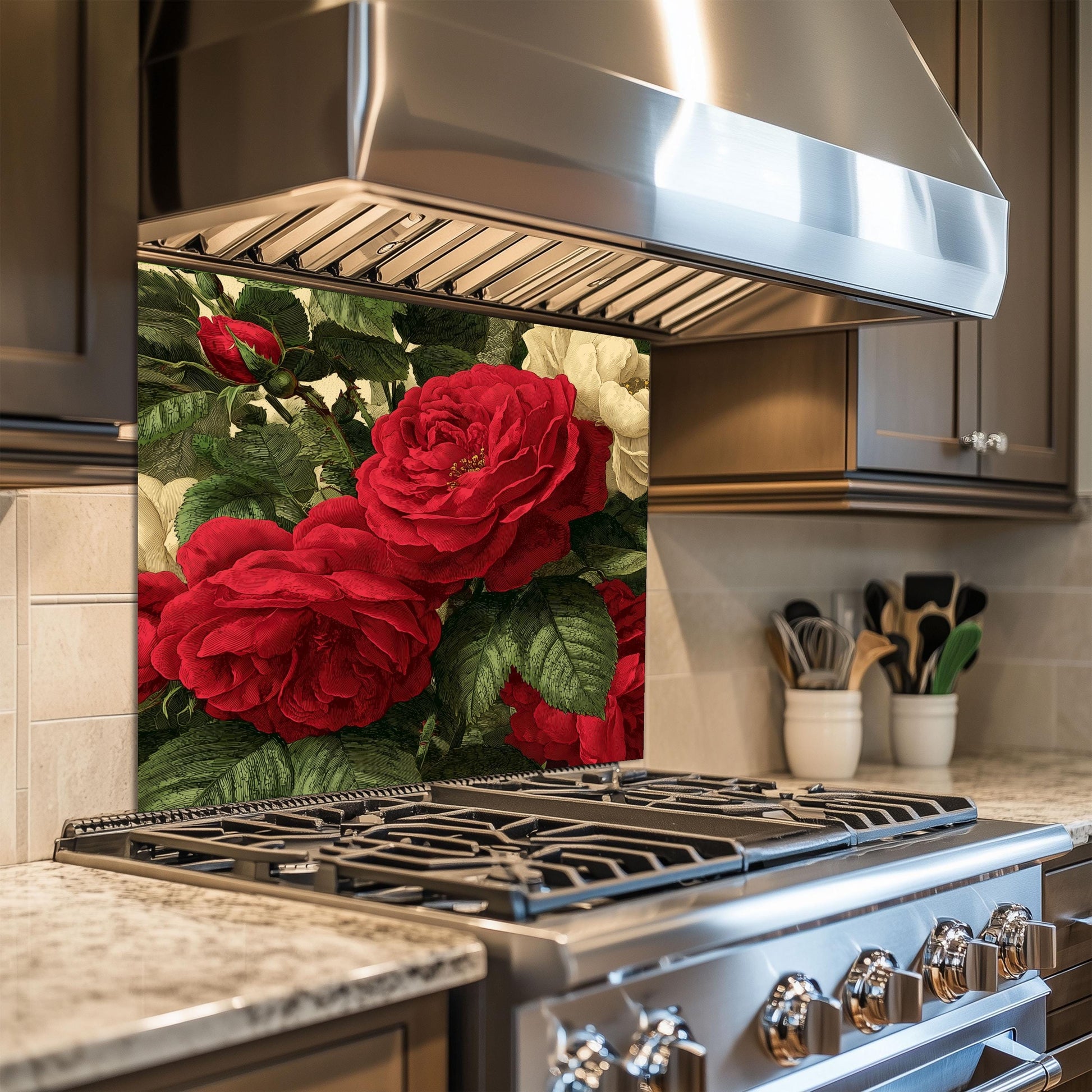 Red Rose Glass Backsplash, Vintage Botanical Stove Guard, Heat Resistant Easy Clean Kitchen Art