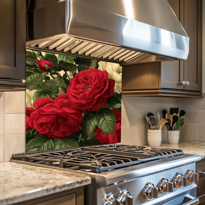 Red Rose Glass Backsplash, Vintage Botanical Stove Guard, Heat Resistant Easy Clean Kitchen Art