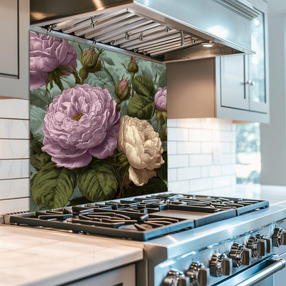 Vintage Pink Roses Kitchen Backsplash: Tempered Glass Floral Wall Panel