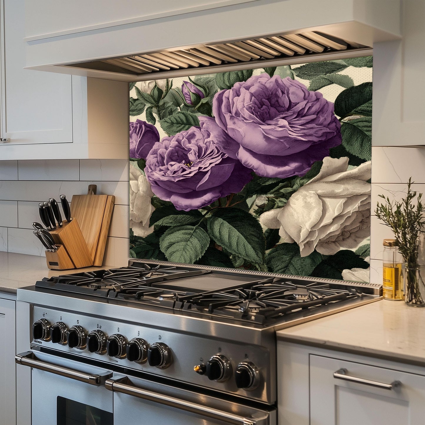 Vintage Purple Roses Glass Kitchen Backsplash - Botanical Floral Wall Art