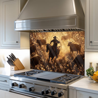 Cowboy Tempered Glass Stove Backsplash: Durable Kitchen Wall Art