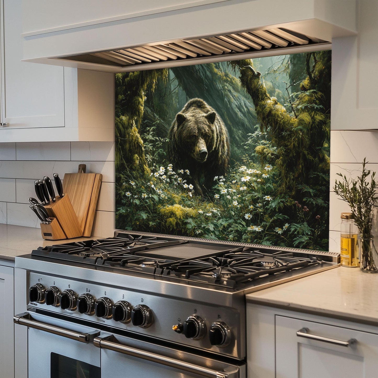 Copper Bear Backsplash: Hand-Embossed Tempered Glass, Rustic Cabin Kitchen