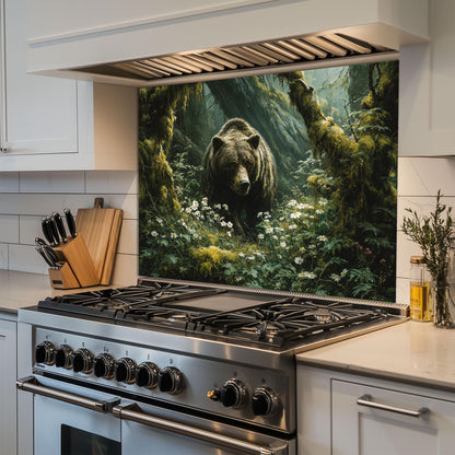 Copper Bear Backsplash: Hand-Embossed Tempered Glass, Rustic Cabin Kitchen