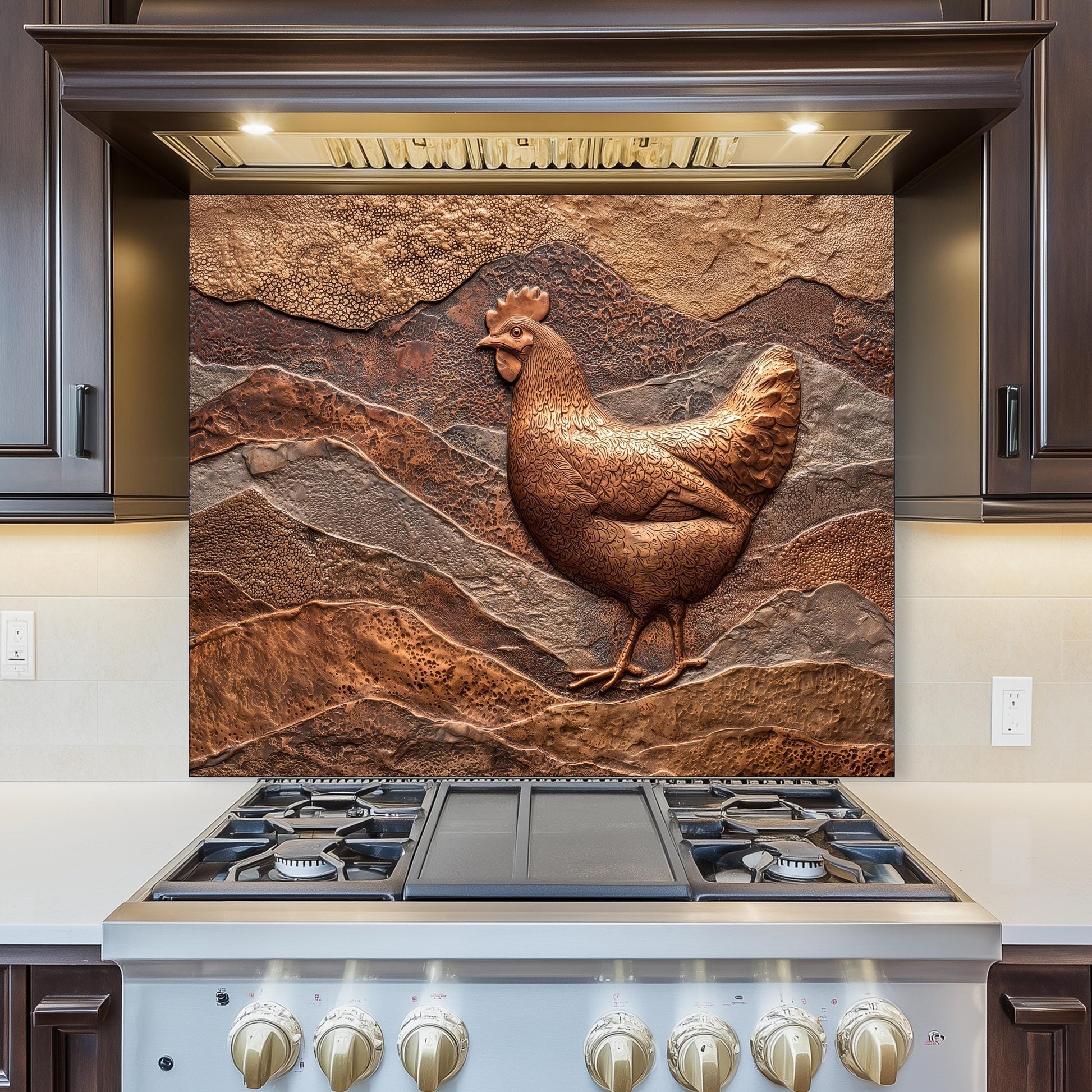 Rustic Chicken Backsplash: Embossed Hen, Tempered Glass Farmhouse Decor