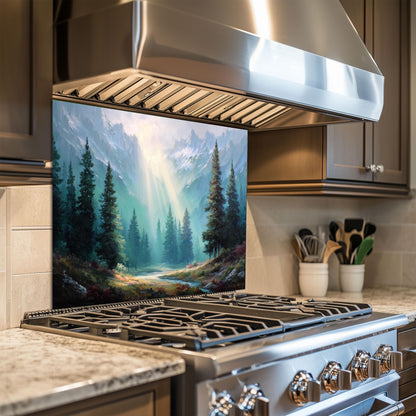 Mountain Sunrise Tempered Glass Backsplash: Rustic Kitchen Wall Art