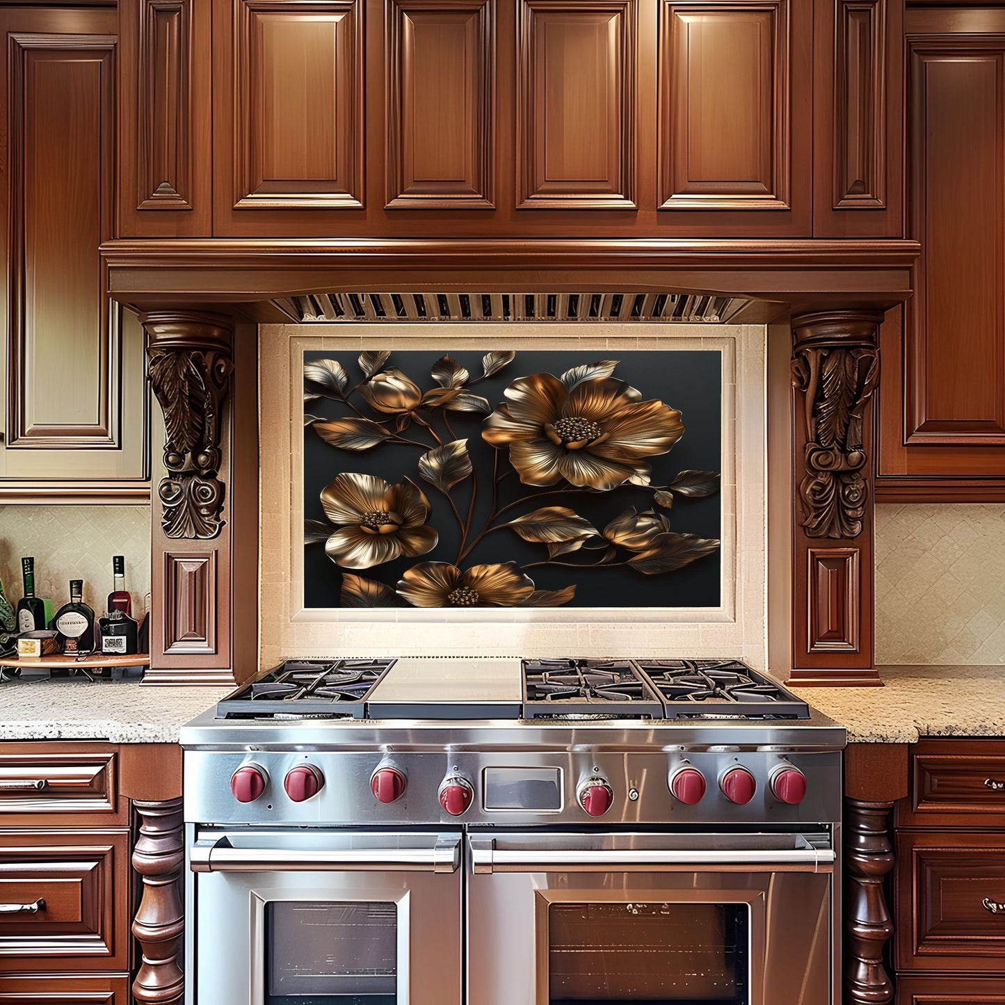 Golden Flower Tempered Glass Kitchen Backsplash: Artistic Flair