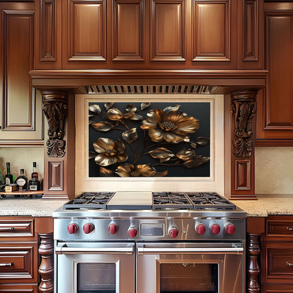 Golden Flower Tempered Glass Kitchen Backsplash: Artistic Flair